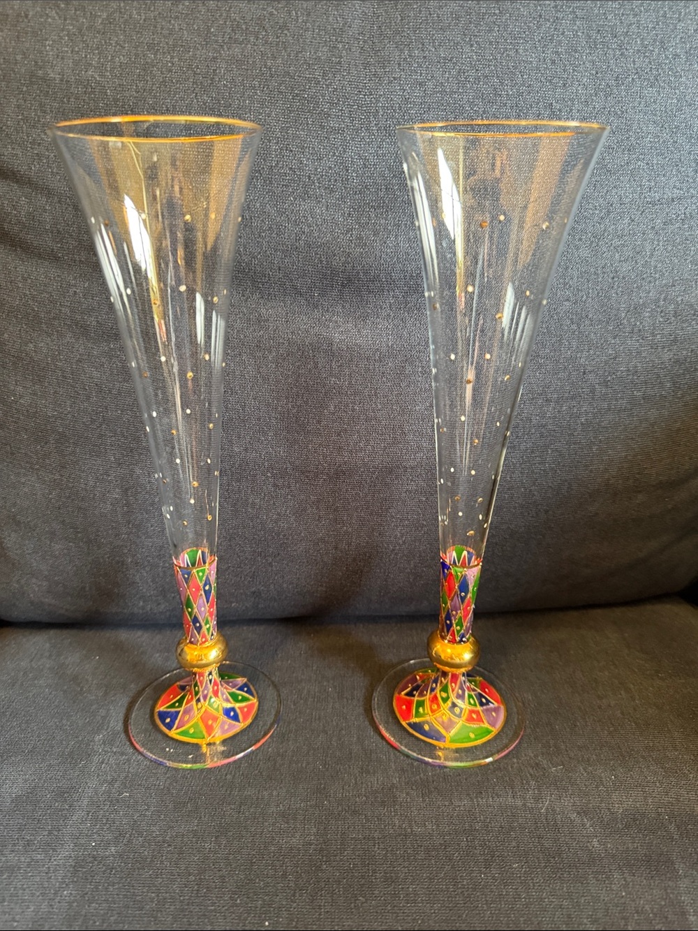 Pier 1 beautiful &festive pair of hand-painted enamel harlequin champagne flutes
